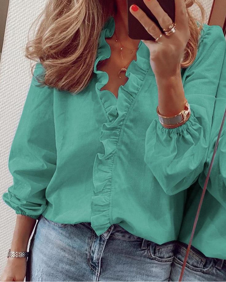 Lena | Women's Ruffled V-Neck Blouse-Metro Lane Plaza