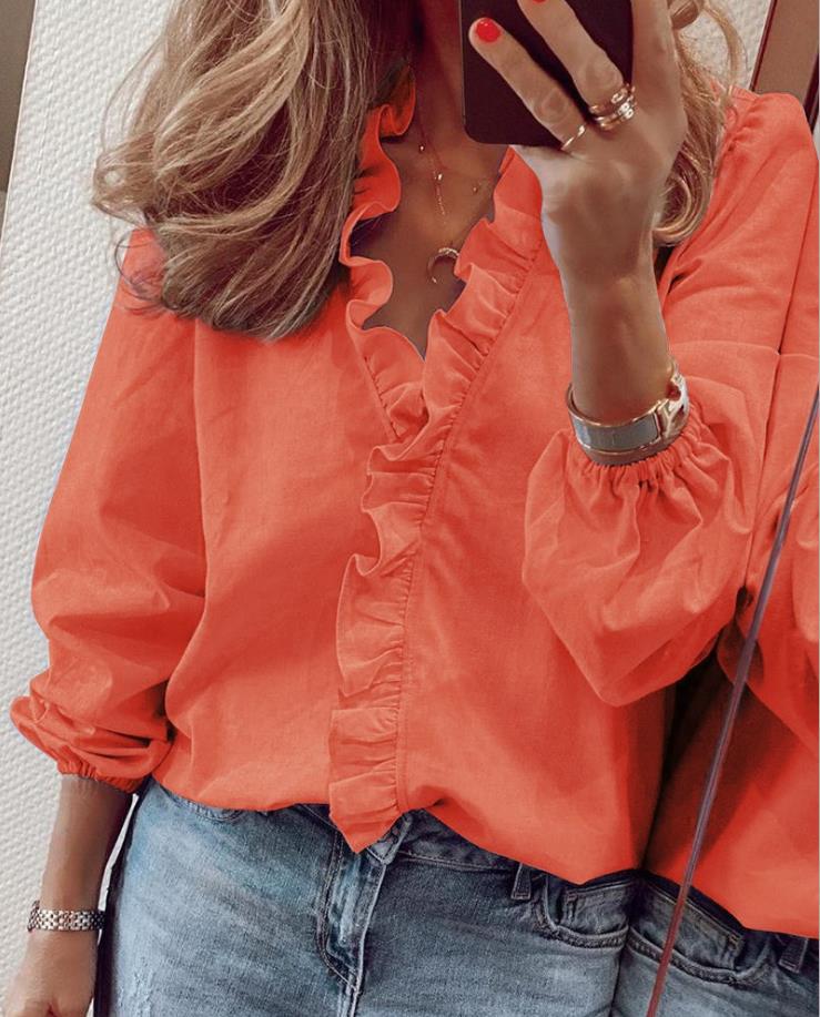 Lena | Women's Ruffled V-Neck Blouse-Metro Lane Plaza