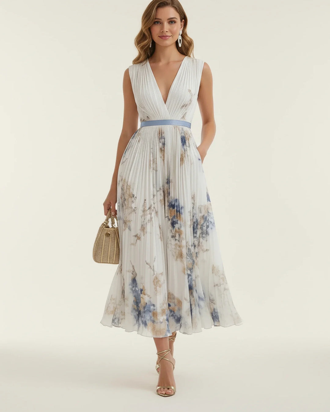 Floral Print Pleated A-Line Midi Dress for Women-Metro Lane Plaza