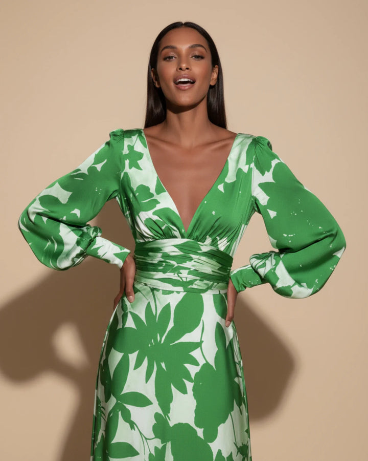 Sophia | Women's Floral V-Neck Long Sleeve Maxi Dress-Metro Lane Plaza