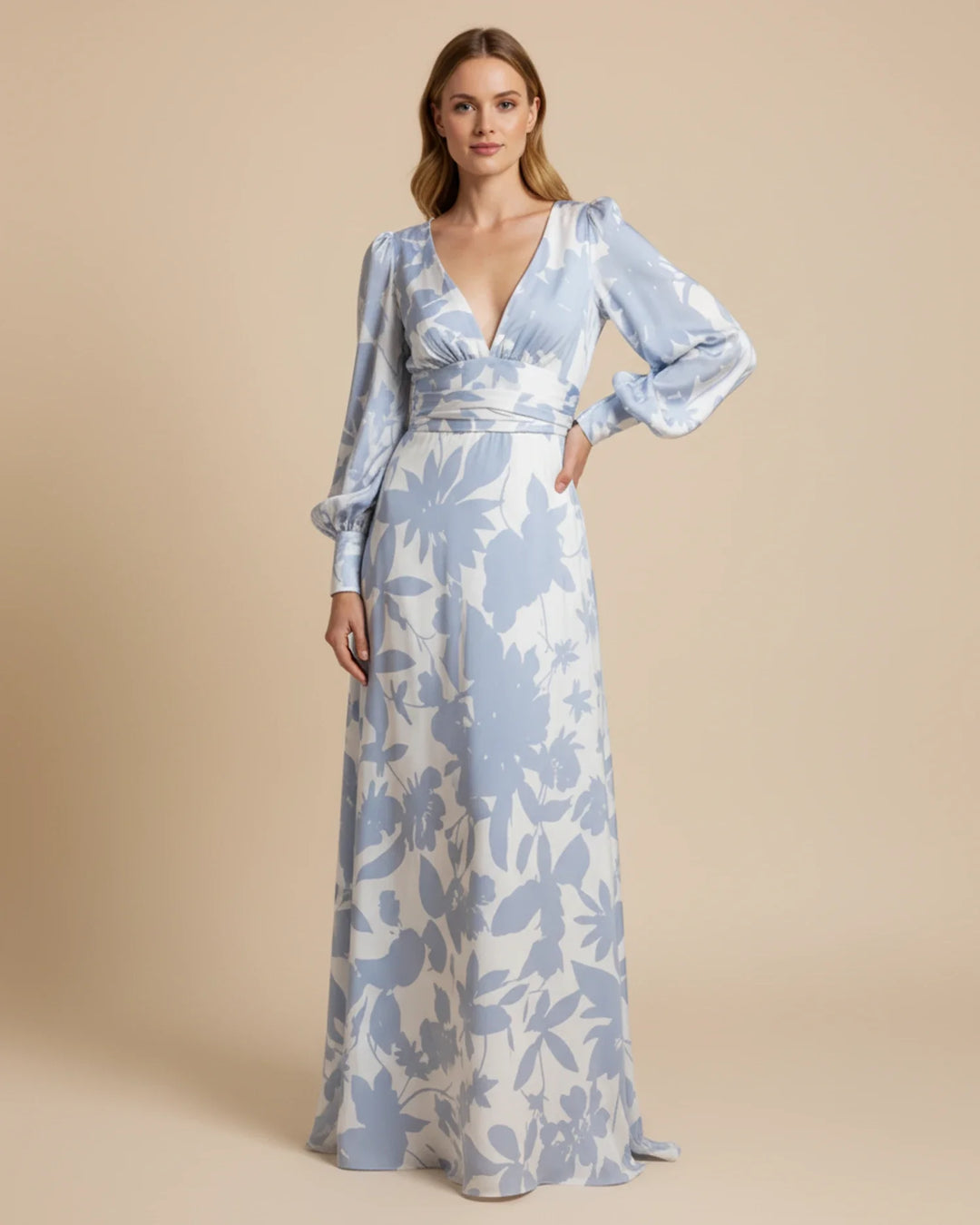 Sophia | Women's Floral V-Neck Long Sleeve Maxi Dress-Metro Lane Plaza