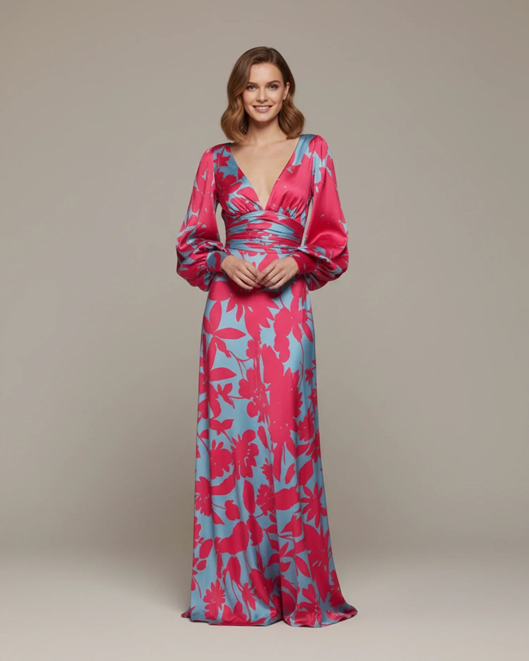 Sophia | Women's Floral V-Neck Long Sleeve Maxi Dress-Metro Lane Plaza