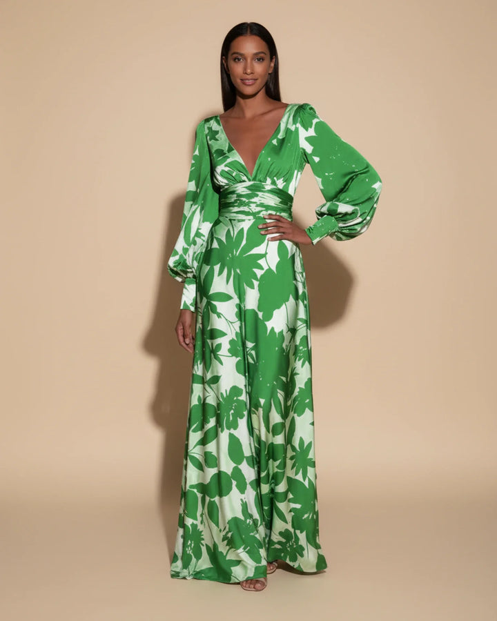 Sophia | Women's Floral V-Neck Long Sleeve Maxi Dress-Metro Lane Plaza