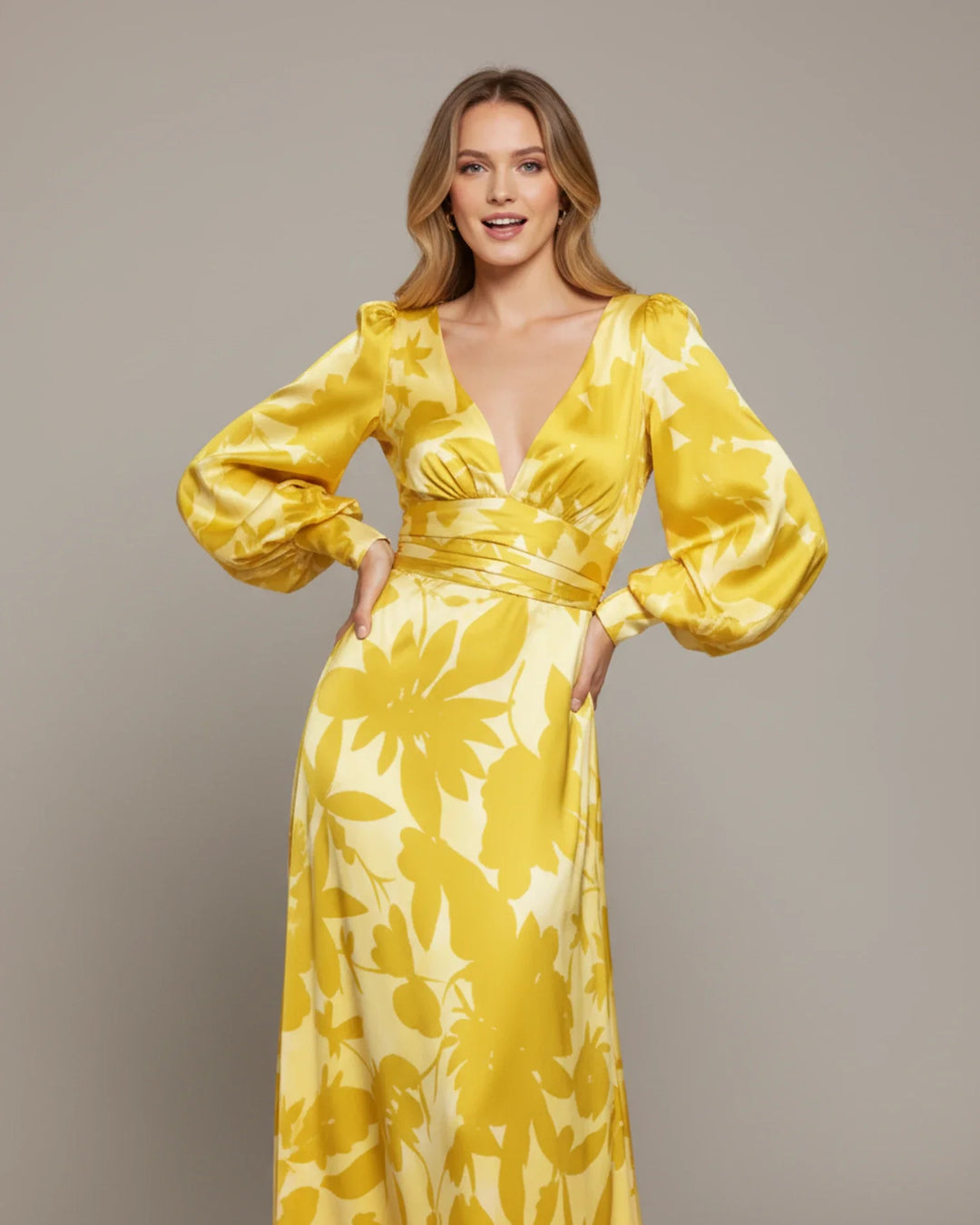 Sophia | Women's Floral V-Neck Long Sleeve Maxi Dress-Metro Lane Plaza