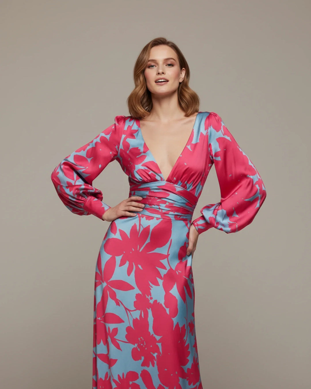 Sophia | Women's Floral V-Neck Long Sleeve Maxi Dress-Metro Lane Plaza