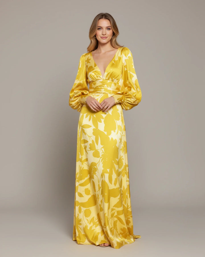 Sophia | Women's Floral V-Neck Long Sleeve Maxi Dress-Metro Lane Plaza