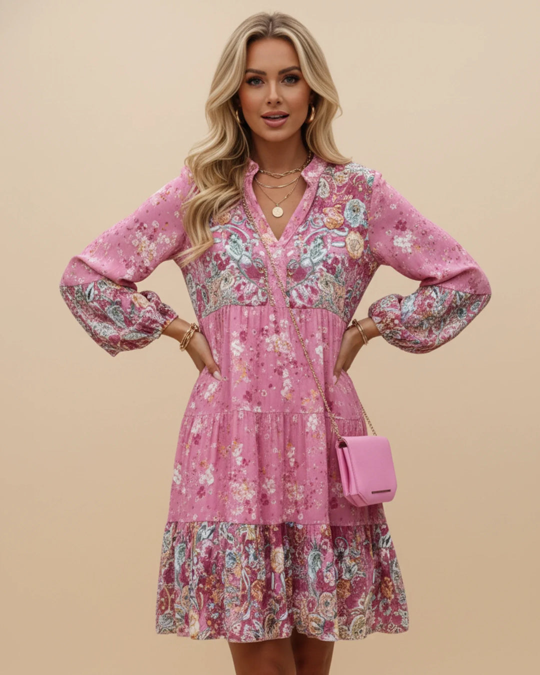Sophia | Women's Boho Floral Tiered Mini Dress-Metro Lane Plaza