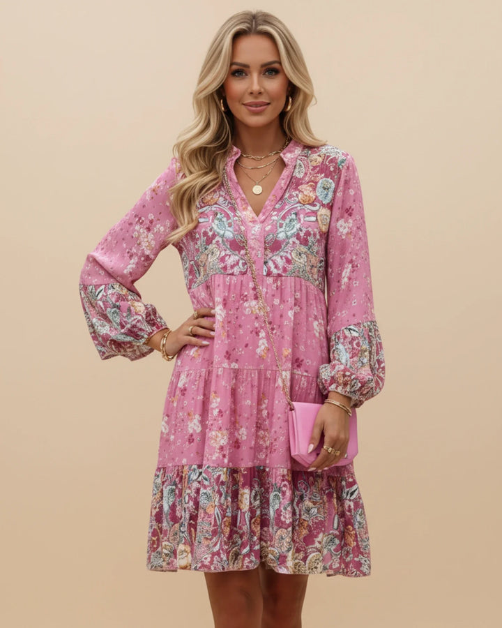 Sophia | Women's Boho Floral Tiered Mini Dress-Metro Lane Plaza