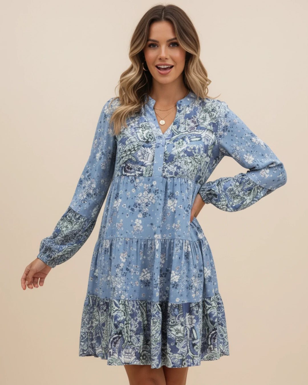 Sophia | Women's Boho Floral Tiered Mini Dress-Metro Lane Plaza