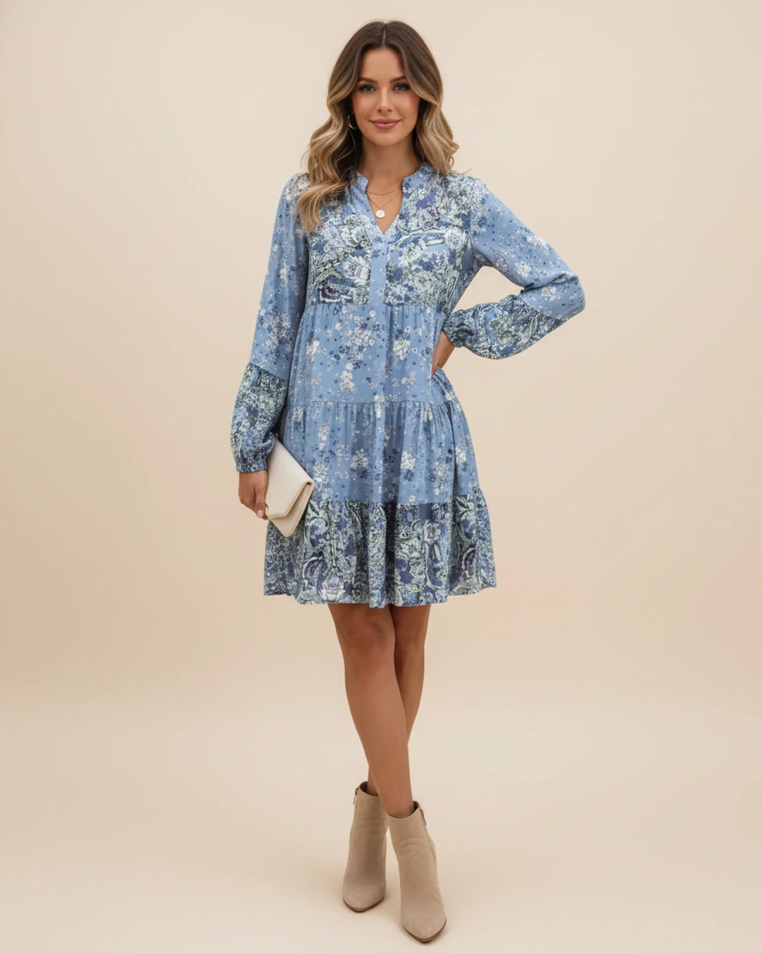 Sophia | Women's Boho Floral Tiered Mini Dress-Metro Lane Plaza