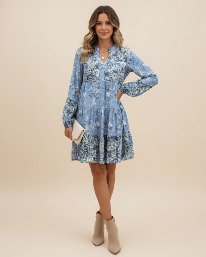 Sophia | Women's Boho Floral Tiered Mini Dress-Metro Lane Plaza
