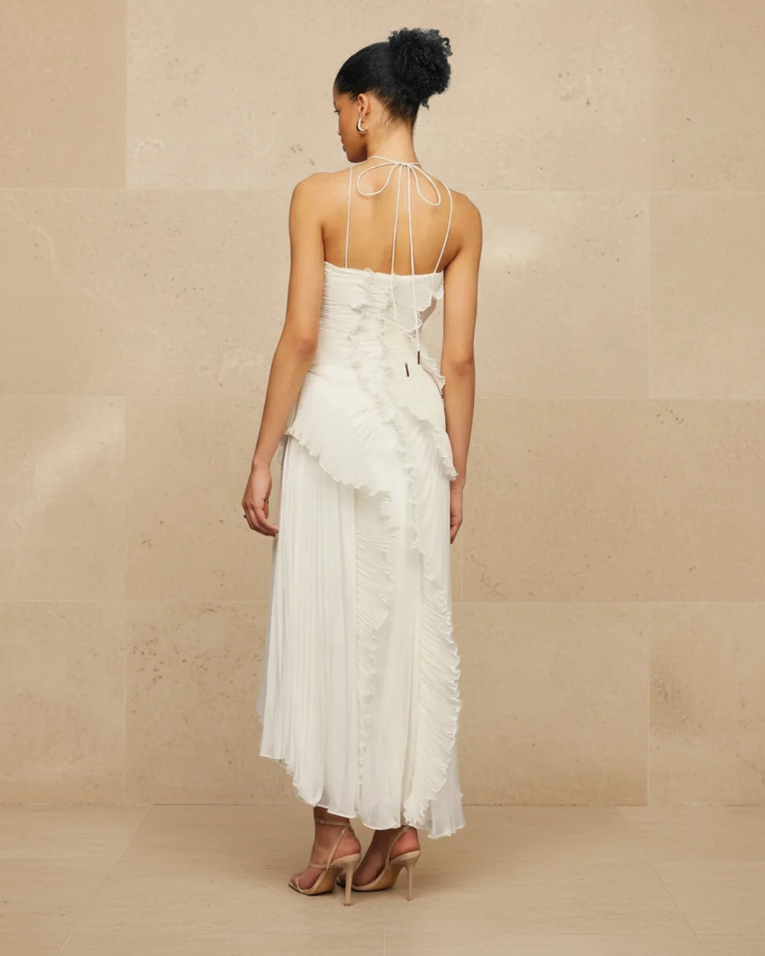 Elegant Women's Ruffled Pleated Slit Midi Dress-Metro Lane Plaza
