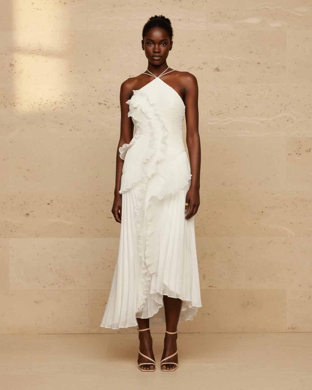 Elegant Women's Ruffled Pleated Slit Midi Dress-Metro Lane Plaza
