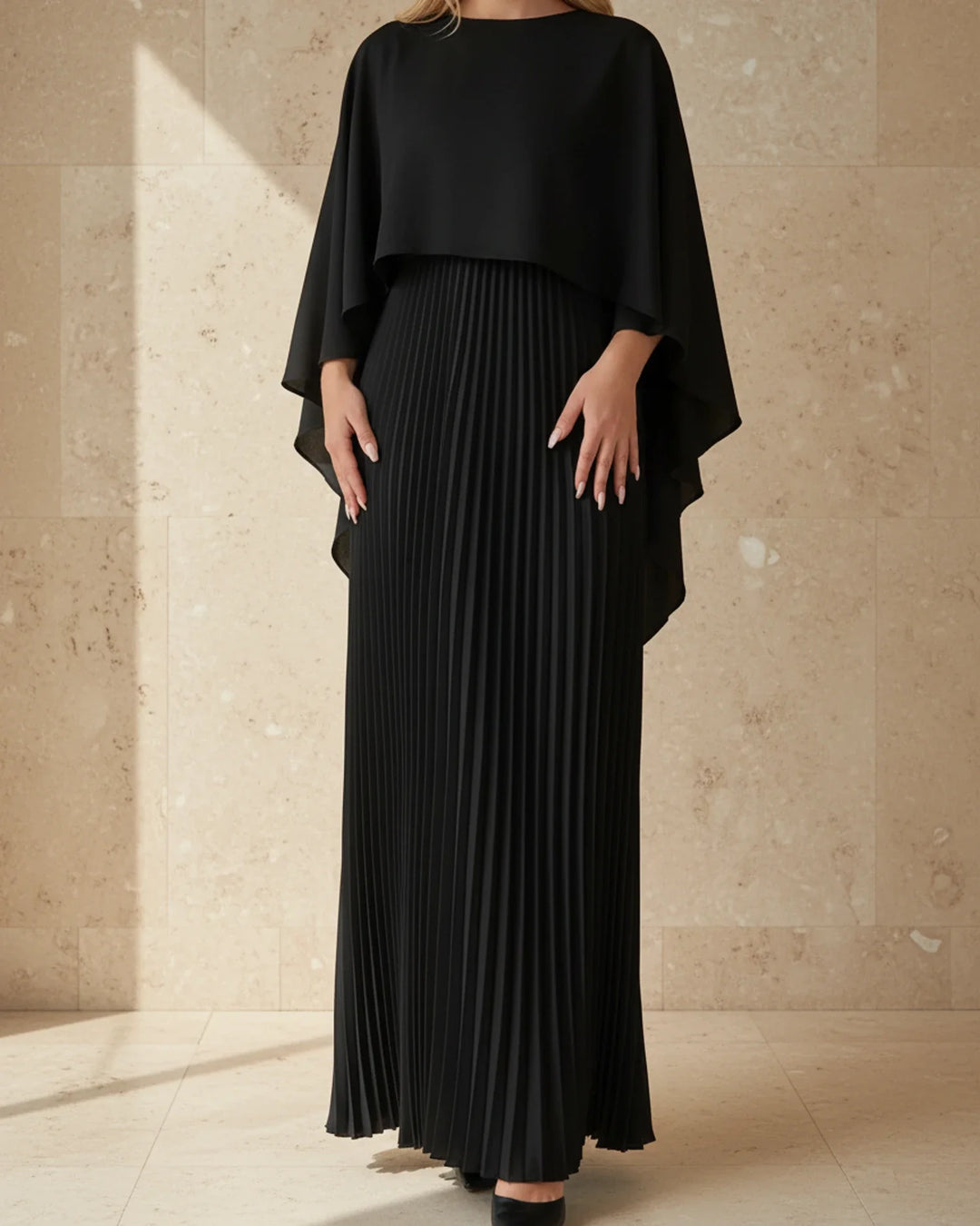 Elegant Women's Pleated Cape Maxi Dress for Special Occasions-Metro Lane Plaza