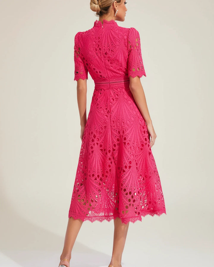 Elegant Women's Short Sleeve Lace A-Line Midi Dress-Metro Lane Plaza