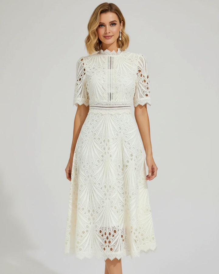Elegant Women's Short Sleeve Lace A-Line Midi Dress-Metro Lane Plaza