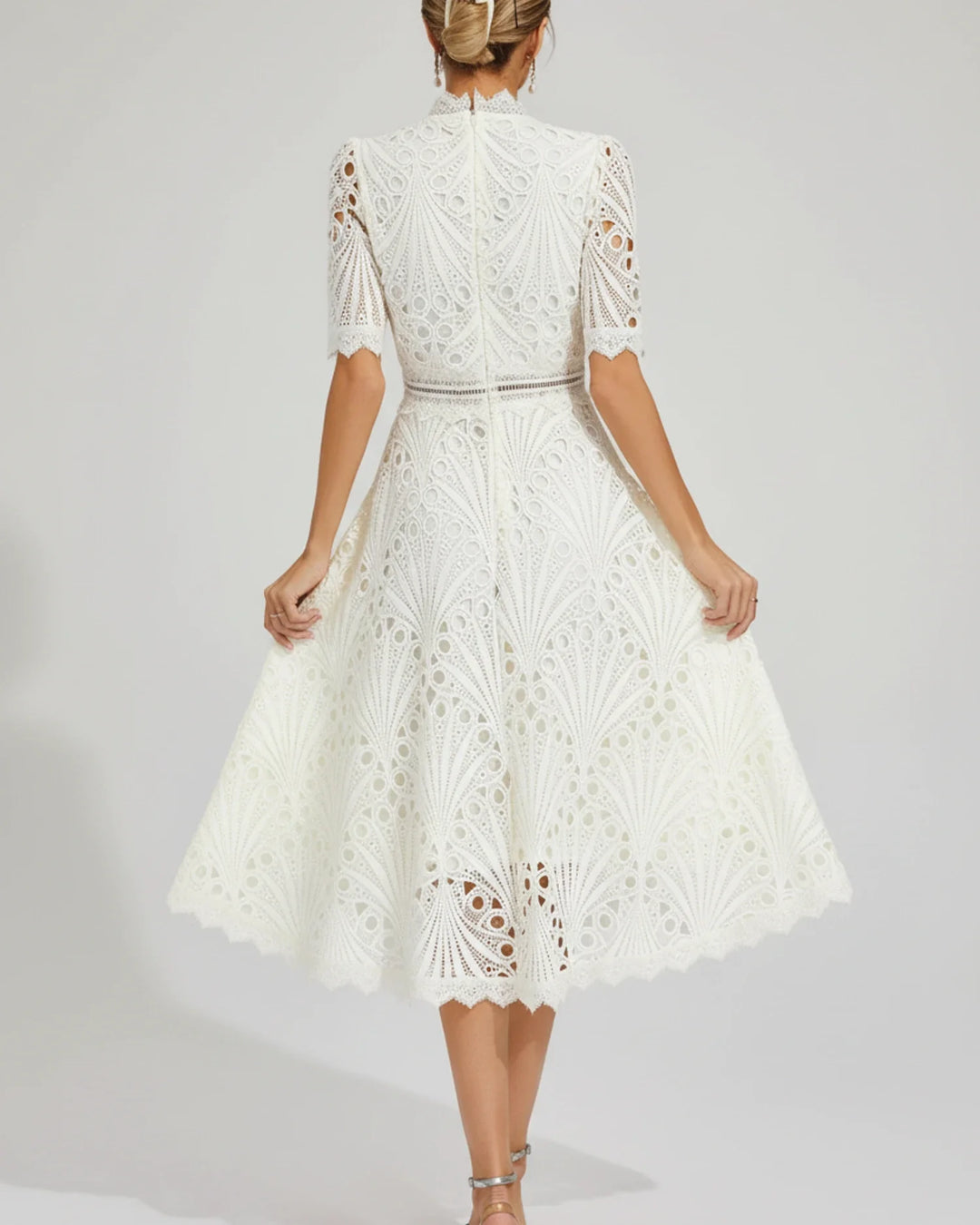 Elegant Women's Short Sleeve Lace A-Line Midi Dress-Metro Lane Plaza
