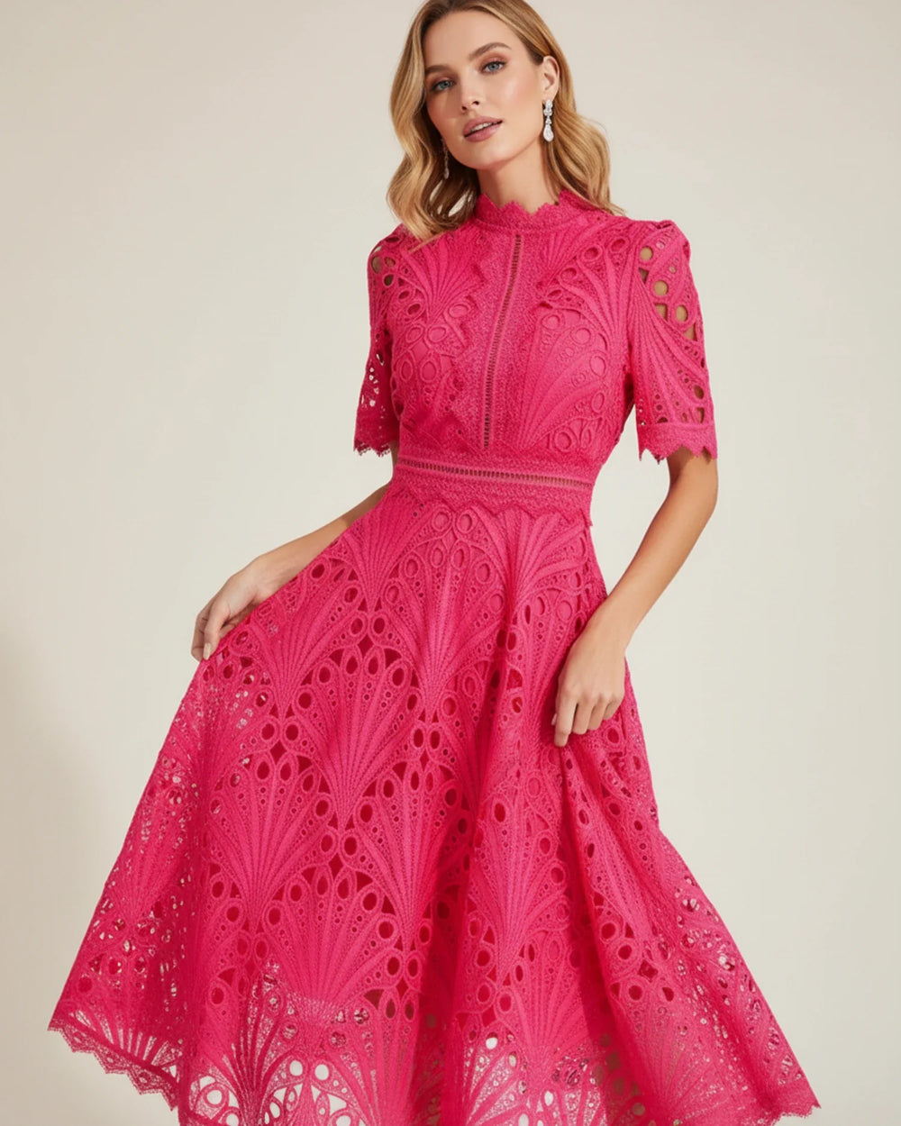 Elegant Women's Short Sleeve Lace A-Line Midi Dress-Metro Lane Plaza