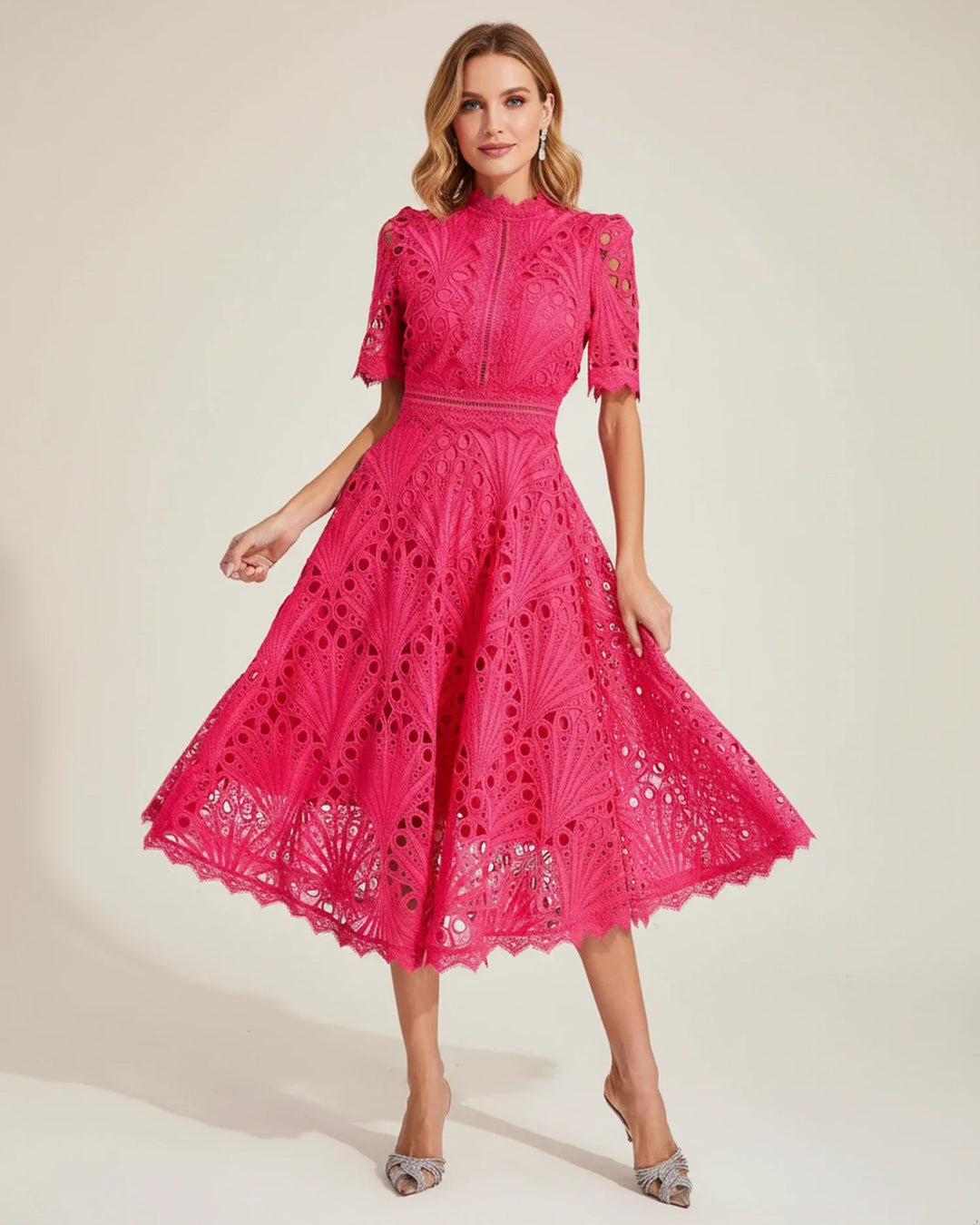 Elegant Women's Short Sleeve Lace A-Line Midi Dress-Metro Lane Plaza