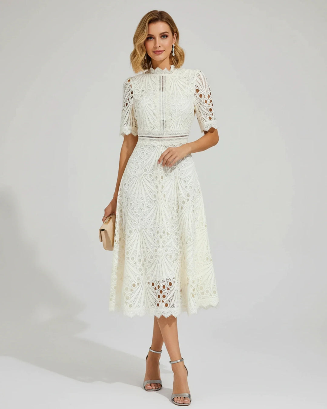 Elegant Women's Short Sleeve Lace A-Line Midi Dress-Metro Lane Plaza