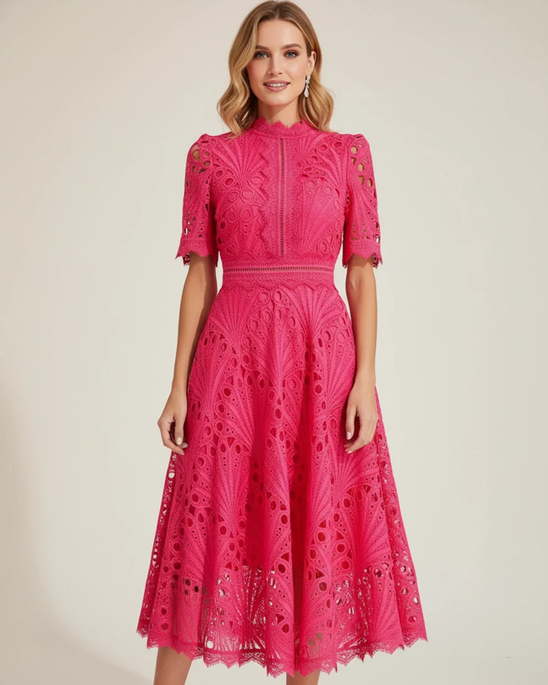 Elegant Women's Short Sleeve Lace A-Line Midi Dress-Metro Lane Plaza
