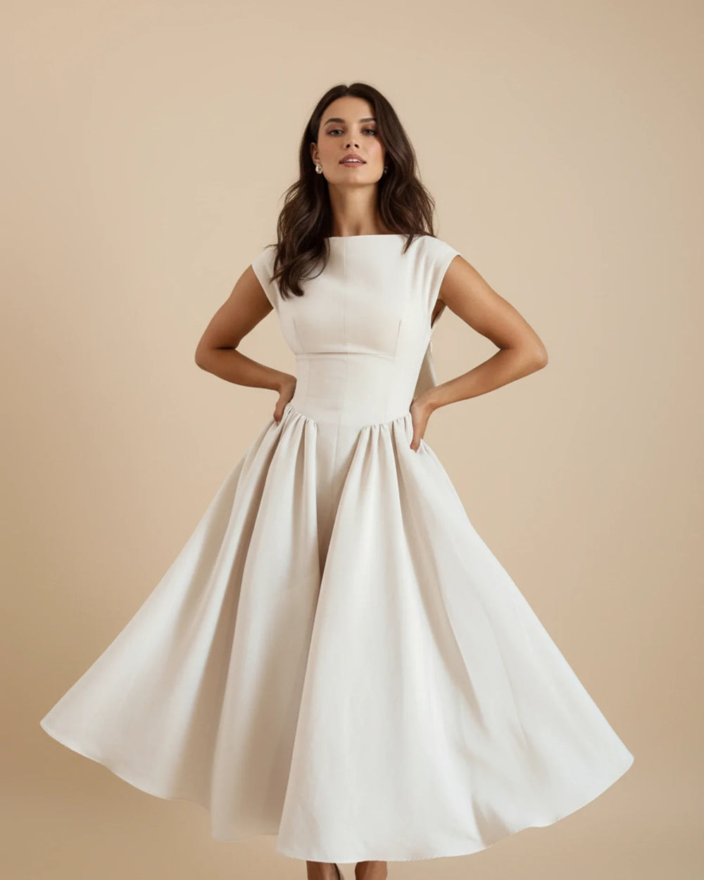 Sophia | Women's Cap Sleeve Midi Dress with Full Skirt-Metro Lane Plaza