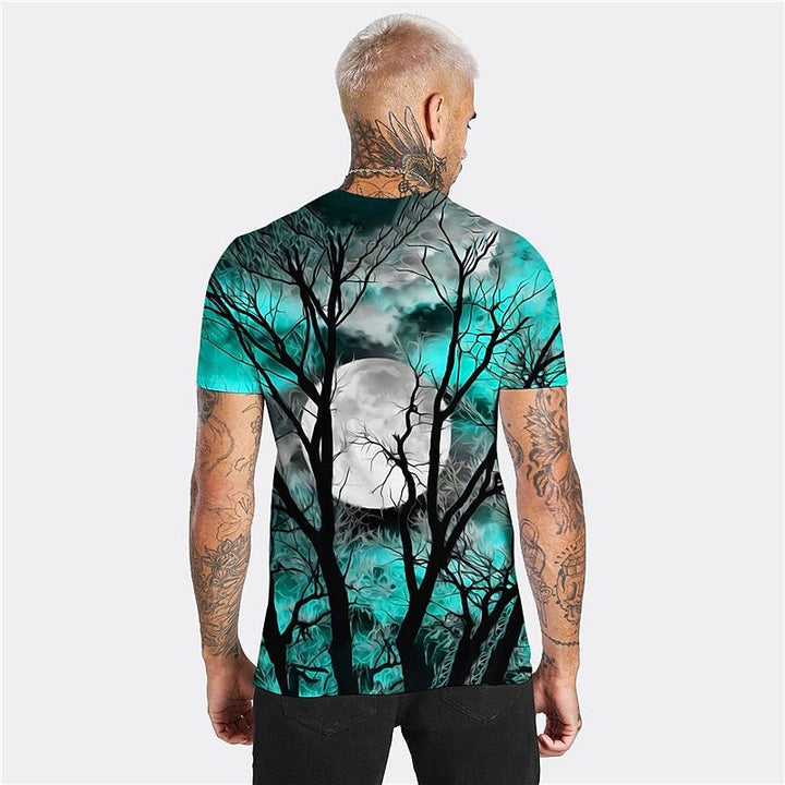 T-shirt de gola redonda com estampado de lua de Halloween para homem, t-shirt sazonal de outono