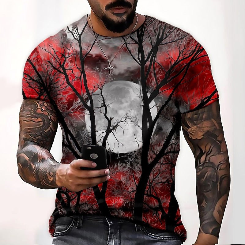 T-shirt de gola redonda com estampado de lua de Halloween para homem, t-shirt sazonal de outono