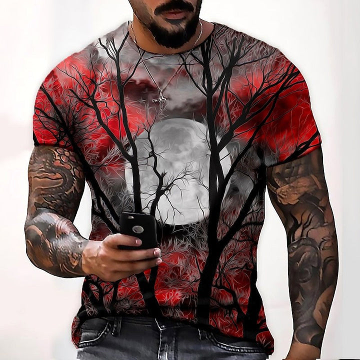 T-shirt de gola redonda com estampado de lua de Halloween para homem, t-shirt sazonal de outono