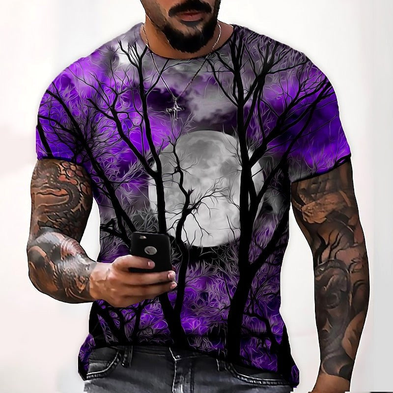 T-shirt de gola redonda com estampado de lua de Halloween para homem, t-shirt sazonal de outono