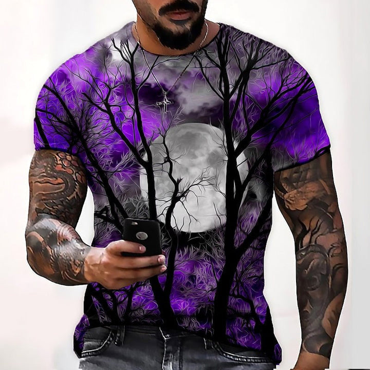 T-shirt de gola redonda com estampado de lua de Halloween para homem, t-shirt sazonal de outono