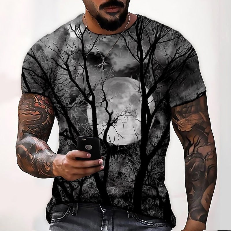 T-shirt de gola redonda com estampado de lua de Halloween para homem, t-shirt sazonal de outono