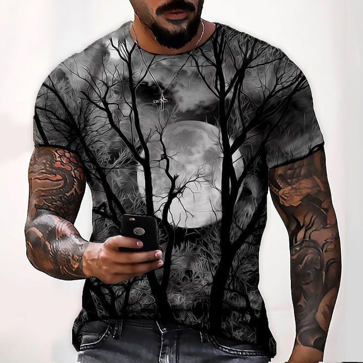 T-shirt de gola redonda com estampado de lua de Halloween para homem, t-shirt sazonal de outono