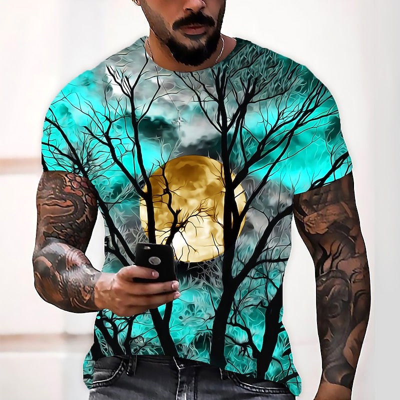 T-shirt de gola redonda com estampado de lua de Halloween para homem, t-shirt sazonal de outono