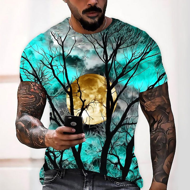 T-shirt de gola redonda com estampado de lua de Halloween para homem, t-shirt sazonal de outono