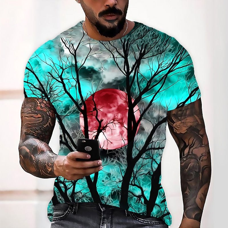 T-shirt de gola redonda com estampado de lua de Halloween para homem, t-shirt sazonal de outono
