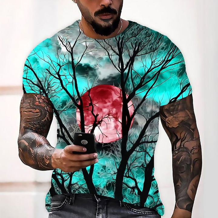 T-shirt de gola redonda com estampado de lua de Halloween para homem, t-shirt sazonal de outono
