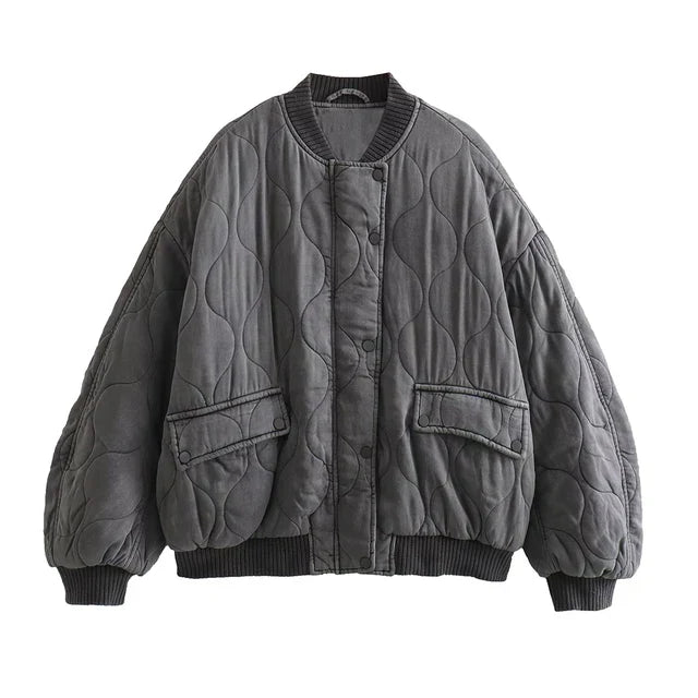 Quilted Bomber Jacket | Women's Trendy Loose Fit Jacket with Ribbed Cuffs-Metro Lane Plaza
