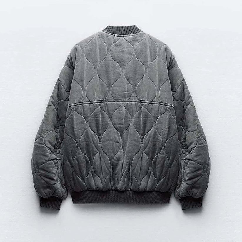 Quilted Bomber Jacket | Women's Trendy Loose Fit Jacket with Ribbed Cuffs-Metro Lane Plaza