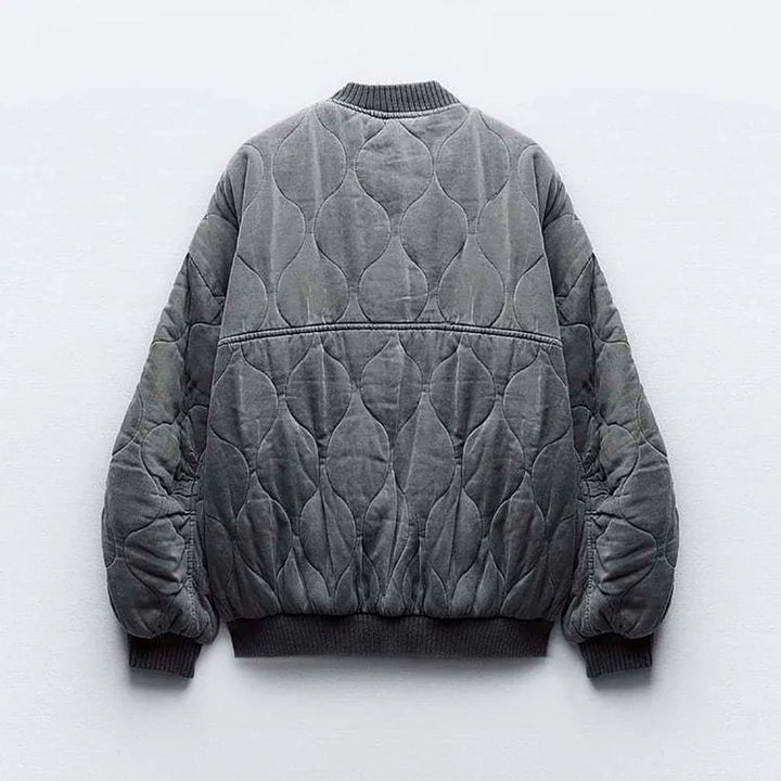 Quilted Bomber Jacket | Women's Trendy Loose Fit Jacket with Ribbed Cuffs-Metro Lane Plaza