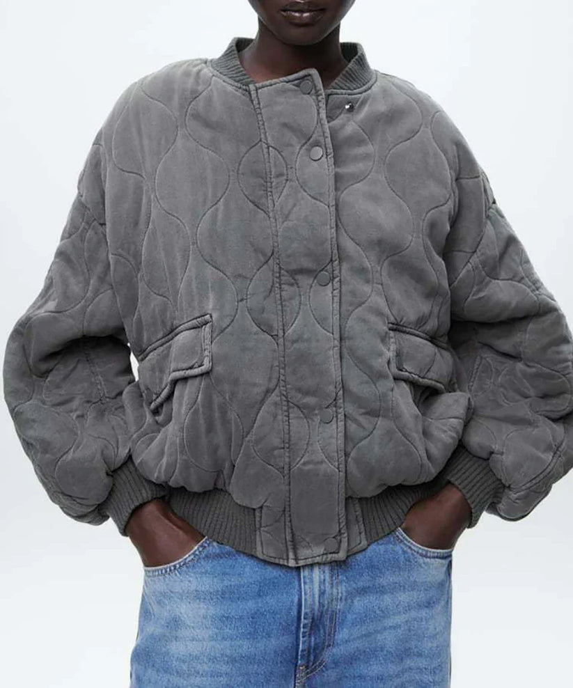 Quilted Bomber Jacket | Women's Trendy Loose Fit Jacket with Ribbed Cuffs-Metro Lane Plaza