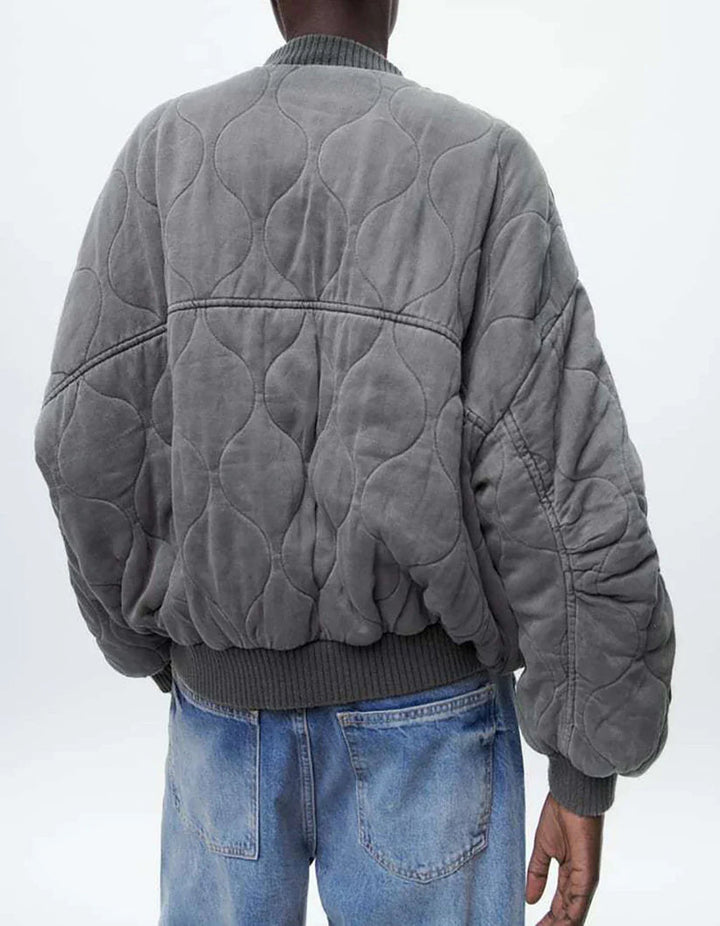 Quilted Bomber Jacket | Women's Trendy Loose Fit Jacket with Ribbed Cuffs-Metro Lane Plaza