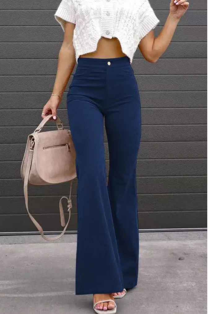 Zariam | Women's Casual Gray High-Waisted Flared Pants with Adjustable Waistband-Metro Lane Plaza