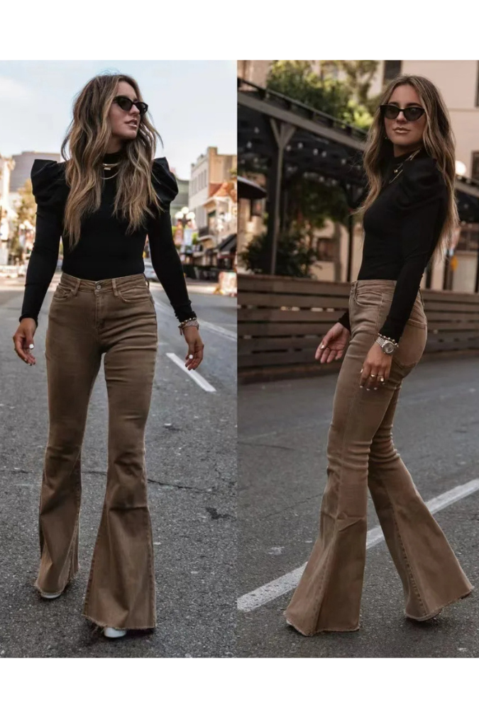 Zariam | Women's Casual Gray High-Waisted Flared Pants with Adjustable Waistband-Metro Lane Plaza