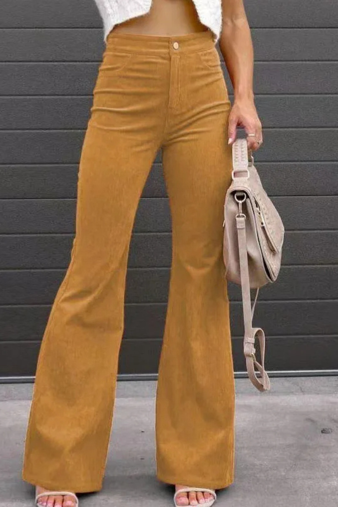 Zariam | Women's Casual Gray High-Waisted Flared Pants with Adjustable Waistband-Metro Lane Plaza