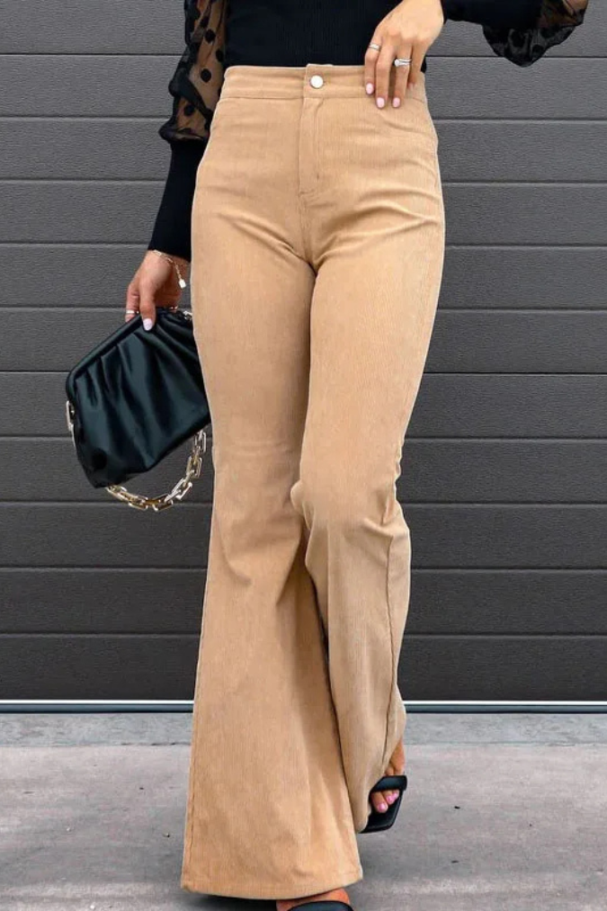 Zariam | Women's Casual Gray High-Waisted Flared Pants with Adjustable Waistband-Metro Lane Plaza