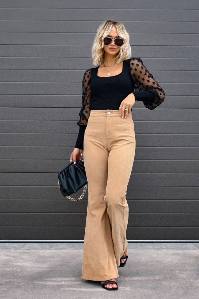 Zariam | Women's Casual Gray High-Waisted Flared Pants with Adjustable Waistband-Metro Lane Plaza