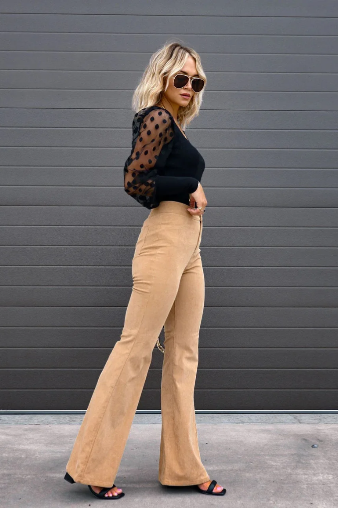 Zariam | Women's Casual Gray High-Waisted Flared Pants with Adjustable Waistband-Metro Lane Plaza