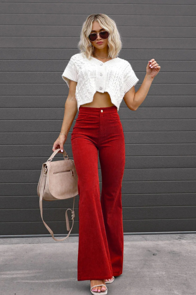 Zariam | Women's Casual Gray High-Waisted Flared Pants with Adjustable Waistband-Metro Lane Plaza