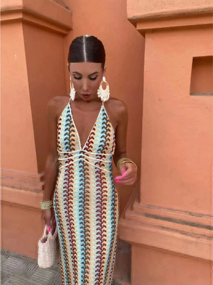 Women's Chevron Halter Maxi Dress with Waist Tie-Metro Lane Plaza